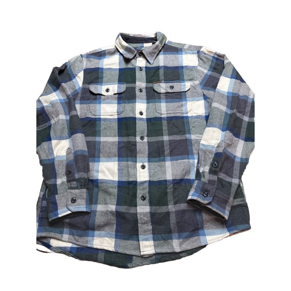 Orvis‎ Mens Button Shirt Jacket Shacket Blue Plaid Heavyweight Flannel Logo Sz L
